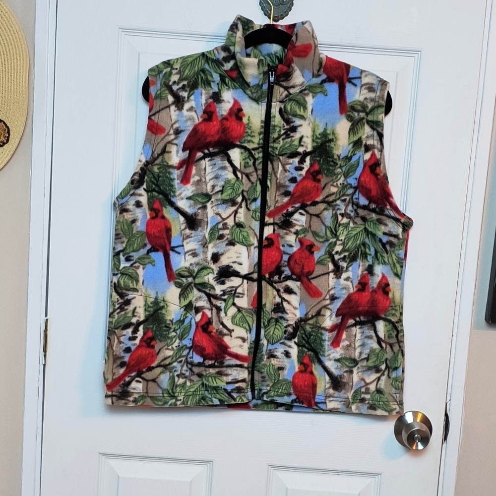 PFI Fashions Vintage Vest Fleece Red Cardinal Bird Design Zip Front Pockets Sz M